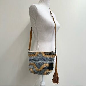 Made in India woven rag rug convertible crossbody bag clutch leather accents
